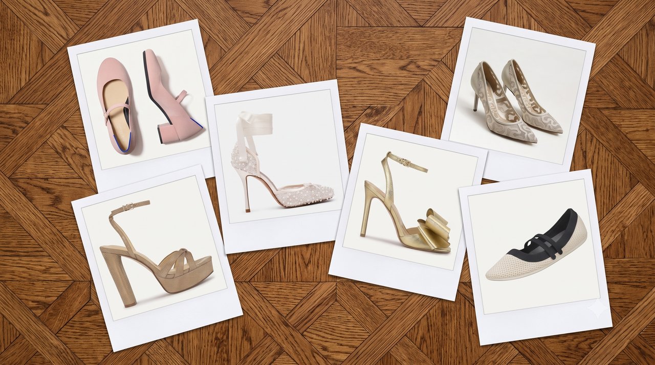 Woman arranging stylish heels on a shelf, mix of strappy sandals, block heels and loafers in neutral and statement colourways